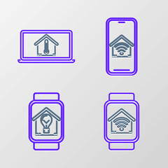 Set line Smart watch with smart home with wi-fi, house and light bulb, Mobile phone and Laptop temperature icon. Vector