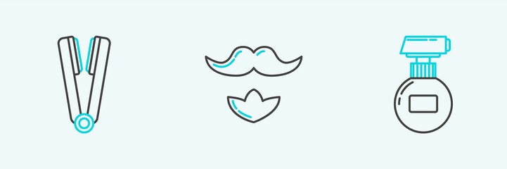 Set line Cream or lotion cosmetic tube, Curling iron for hair and Mustache and beard icon. Vector