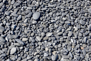 smooth black and gray pebbles on the beach