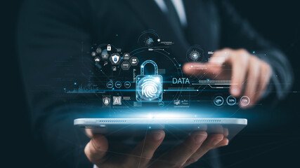 cybersecurity concept Global network security technology, business people protect personal information. Encryption with a padlock icon on the virtual interface..