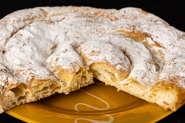 Typical dessert from Mallorca, Spain, called ensaimada based on flour, eggs, butter, sugar and some variety with angel hair