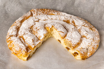 Typical dessert from Mallorca, Spain, called ensaimada based on flour, eggs, butter, sugar and some variety with angel hair