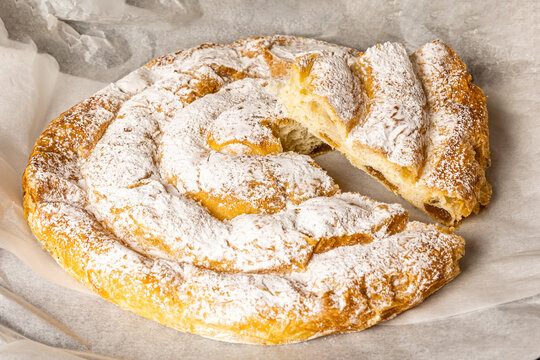 Typical dessert from Mallorca, Spain, called ensaimada based on flour, eggs, butter, sugar and some variety with angel hair