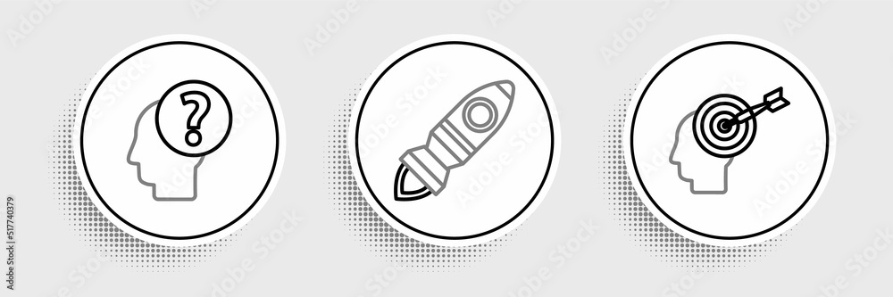 Sticker Set line Head hunting concept, Human head with question mark and Rocket ship fire icon. Vector