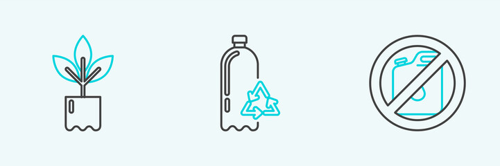 Set line No canister for gasoline, Plant bottle and Recycling plastic icon. Vector