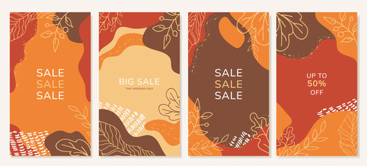 Set of autumn backgrounds and social media banners with leaves. Flat style illustration.