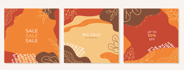 Set of autumn square backgrounds and social media banners with leaves. Flat style illustration.