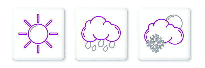 Set line Cloud with snow and sun, Sun and rain icon. Vector