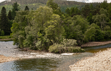 View down the River Dee from the Aboyne bridge in Aberdeenshire, Scotland