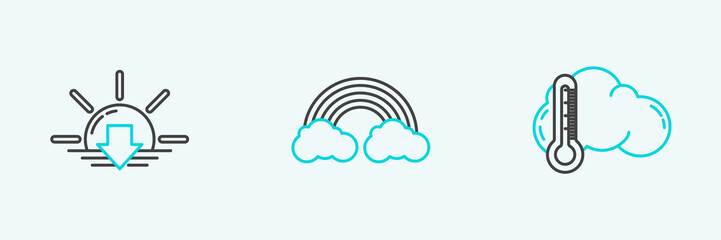 Obraz premium Set line Thermometer and cloud, Sunset and Rainbow with clouds icon. Vector
