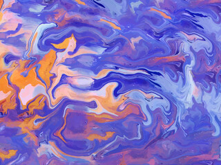 Blue and orange liquid marble canvas abstract painting background. Vector
