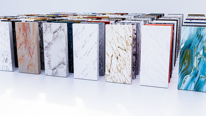 Colorful stone samples of kitchen countertops, bathroom slabs with marble, granite and quartz color in one space - obrazy, fototapety, plakaty