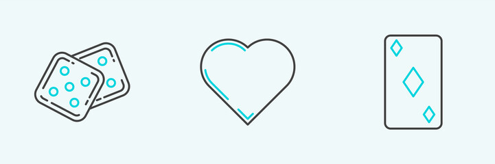 Set line Playing card with diamonds symbol, Game dice and heart icon. Vector
