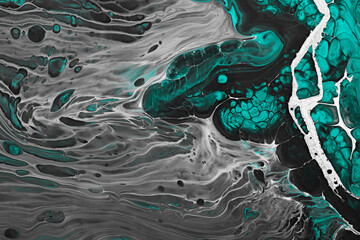 Fluid Art acrylic paints. Abstract mixing gray waves and green bubbles. Liquid flows splashes. Marble effect background or texture