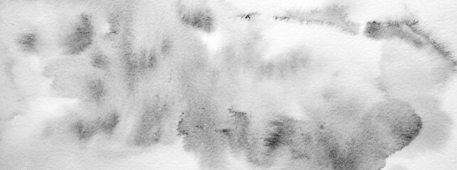 Black and white monochrome Watercolor brush strokes banner. Abstract clear Aquarelle texture with spots