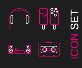 Set line Retro audio cassette tape, Home stereo with two speakers, Ice cream and Headphones icon. Vector