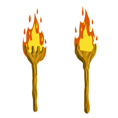 Torch on stick. Fire and branch. Primitive weapon. Burning club. Cartoon flat illustration. old item for lighting