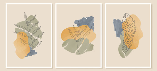 Set of abstract botanical backgrounds with watercolour texture vector. Sheet with brush strokes. Pastel colourful poster.