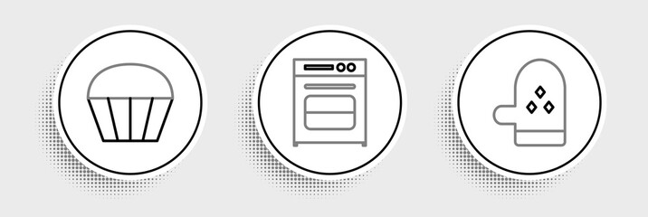 Set line Oven glove, Muffin and icon. Vector