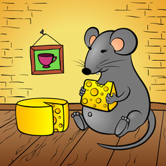 The fat mouse is eating cheese in his house.