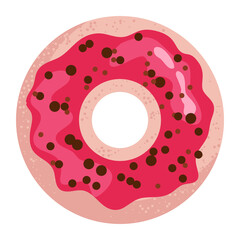 Vector donut. Baking with chocolate sprinkles and pink icing. Donut with hole. View from above