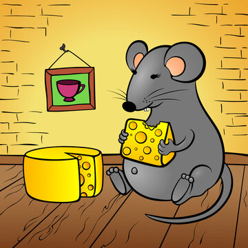 The Fat Mouse Is Eating Cheese In His House.