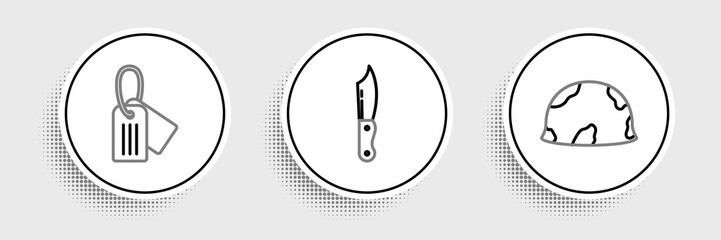 Set line Military helmet, dog tag and knife icon. Vector