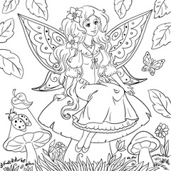 coloring book illustration with a pretty and kind fairy with beautiful wings in the magic forest