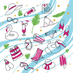 Summer set of items and accessories for summer holidays, doodle