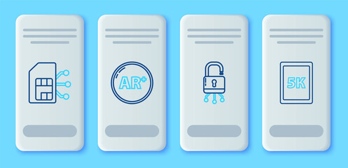 Set line Ar, augmented reality, Lock on digital circuit board, Sim card and Tablet with text 5k icon. Vector