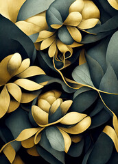 Abstract Floral Background. Blue and Gold Flourishes on Blurred Background