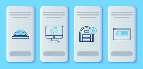 Set line Computer monitor with smart home, Warehouse dollar symbol, Swimming pool ladder and Hanging sign text Online Sale icon. Vector