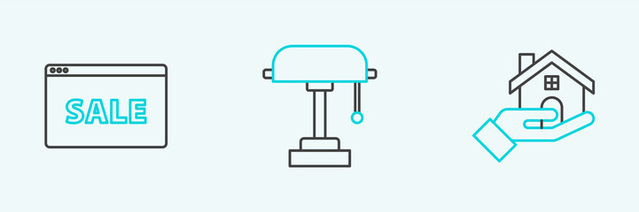 Set line Realtor, Hanging sign with text Online Sale and Table lamp icon. Vector