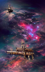 spaceship in space with nebula and stars, concept art, digital painting