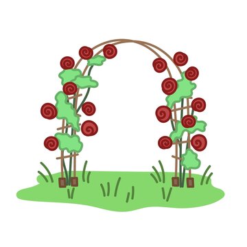 Arch trellis with bush red roses. Garden decoration. Hand drawn illustration in cartoon style. Vector isolated on white background.
