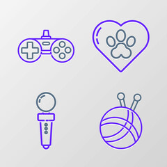 Set line Yarn ball with knitting needles, Joystick for arcade machine, Heart animals footprint and Gamepad icon. Vector
