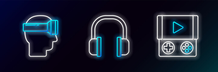 Set line Portable video game console, Virtual reality glasses and Headphones icon. Glowing neon. Vector