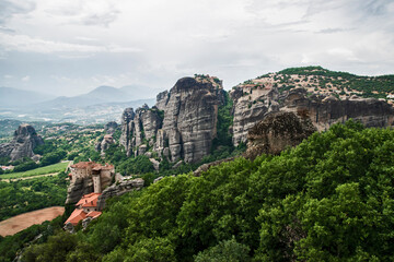 Fototapeta na wymiar Landscape with giant steep rocks in the area of Meteora, Greece
