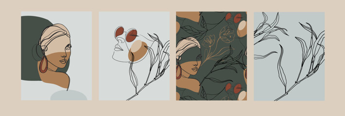 Fototapeta premium Collection posters. Banner with women and realistic botanical the seamless pattern. Set of vector illustrations. 