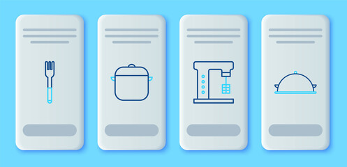 Set line Cooking pot, Electric mixer, Fork and Covered with a tray of food icon. Vector