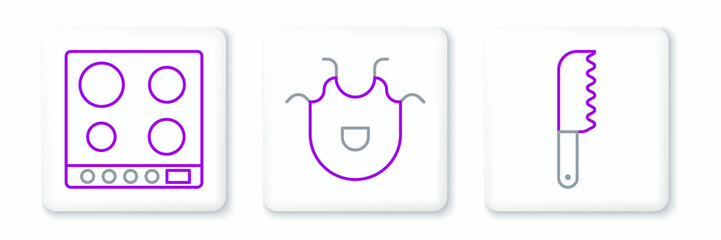 Set line Bread knife, Gas stove and Kitchen apron icon. Vector