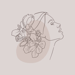Portrait of a beautiful girl in profile. Flowers in hair. Sketch, outline drawing. Vector illustration in fashion style. Abstract shapes, elegant lines, pastel colors. Poster design, logo template.