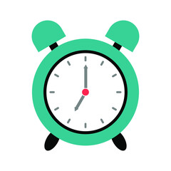 Alarm clock showing seven o'clock, isolated on white background. Flat design. Vector illustration.