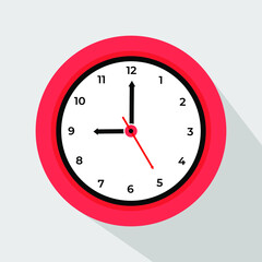 Red alarm clock showing nine o'clock, isolated on white background. Flat design. Vector illustration.