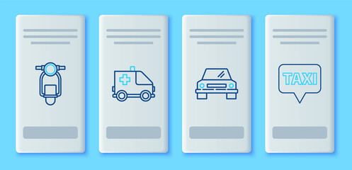 Set line Ambulance and emergency car, Car, Scooter and Map pointer with taxi icon. Vector