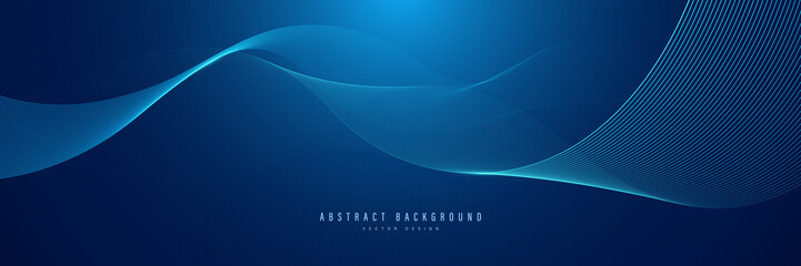 Abstract blue glowing wave on dark background. Modern shiny flowing wave lines design element. Futuristic technology concept. Suit for website, banner, poster, presentation, flyer, cover