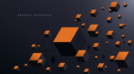Abstract dark background with cubes. Modern black and orange geometric cube graphic design. 3d cube. Futuristic technology concept. Suit for poster, website, flyer, banner. Vector illustration - obrazy, fototapety, plakaty