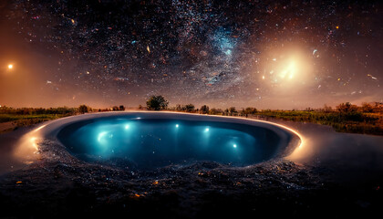 Fototapeta premium Abstract night fantasy landscape with a starry sky, a natural pool of water, a lake in which the galaxy, the milky way, the universe, stars, planets are reflected. 3D illustration.