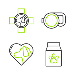 Set line Bag of food for pet, Heart with dog, Retractable cord leash and Veterinary clinic symbol icon. Vector