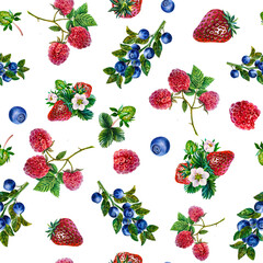 Berry pattern. Seamless pattern with strawberries, raspberries and blueberries. Watercolor. For design solutions